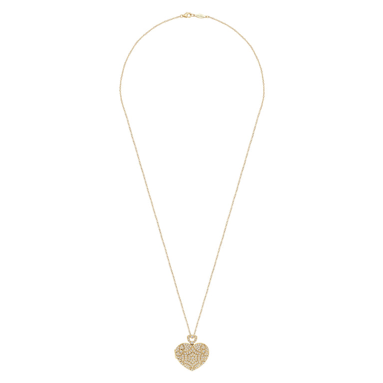 24 inch Vintage Inspired 14K Yellow Gold Heart Shaped Filigree Diamond Locket Necklace - 1.15 ct - Shot 2