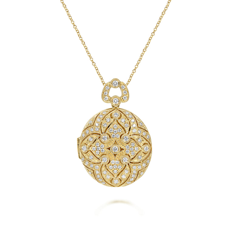 24 inch Vintage Inspired 14K Yellow Gold Round Filigree Diamond Locket Necklace - 0.75 ct - Shot 1