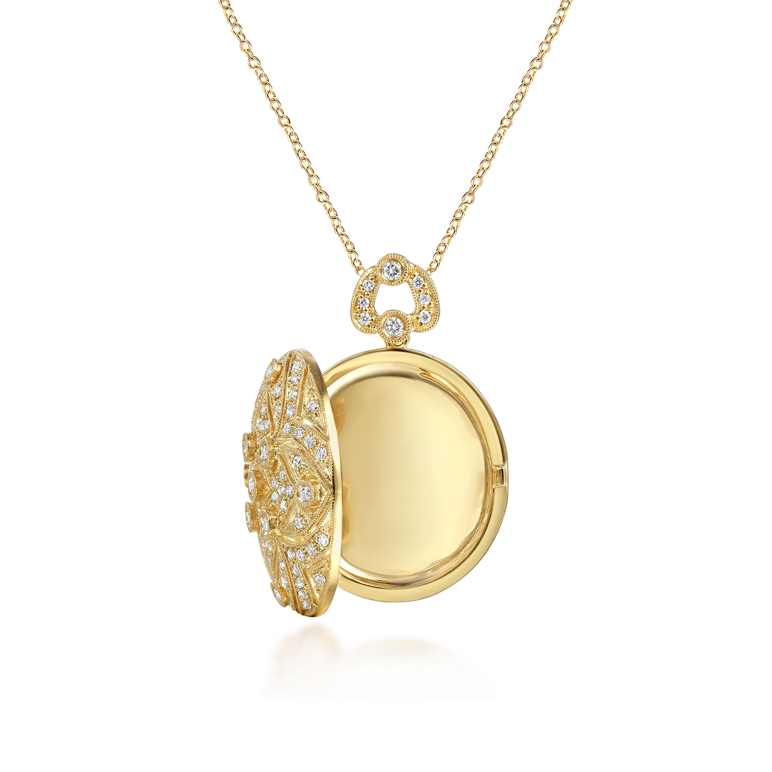24 inch Vintage Inspired 14K Yellow Gold Round Filigree Diamond Locket Necklace