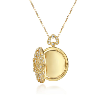 24 inch Vintage Inspired 14K Yellow Gold Round Filigree Diamond Locket Necklace