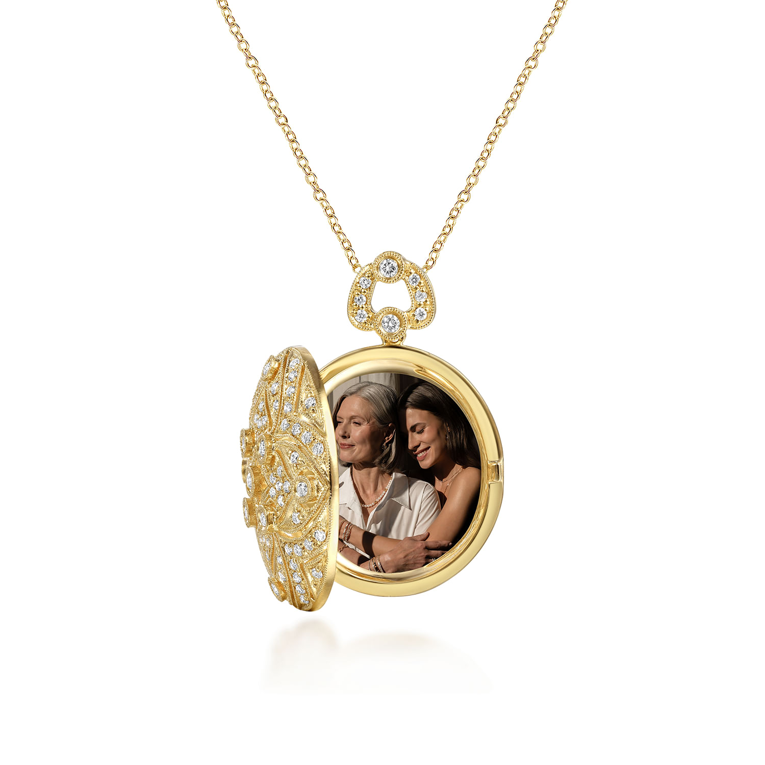 24 inch Vintage Inspired 14K Yellow Gold Round Filigree Diamond Locket Necklace