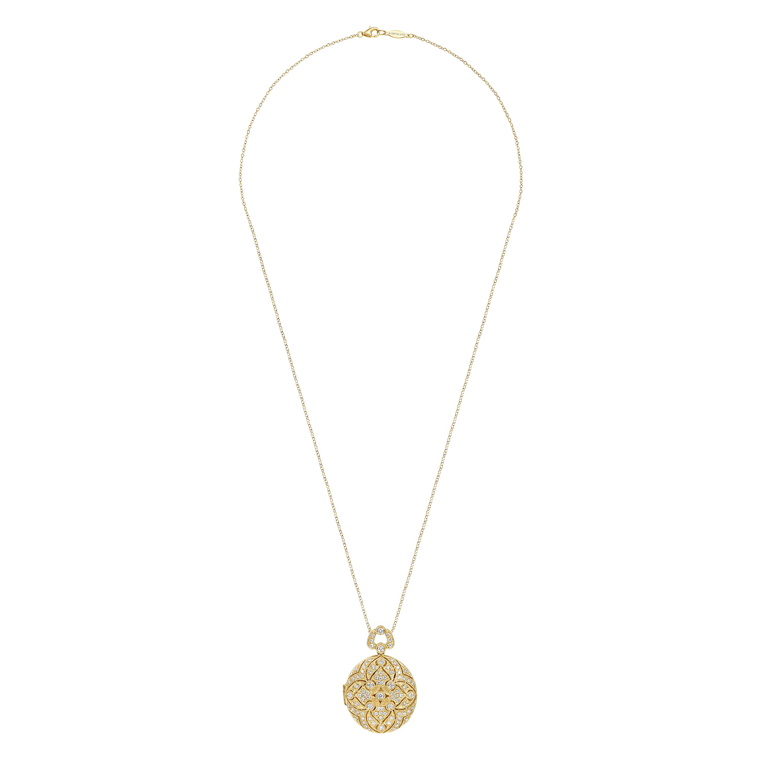 24 inch Vintage Inspired 14K Yellow Gold Round Filigree Diamond Locket Necklace