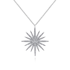 25 inch 14K White Gold Diamond Pave Starburst Pendant Necklace