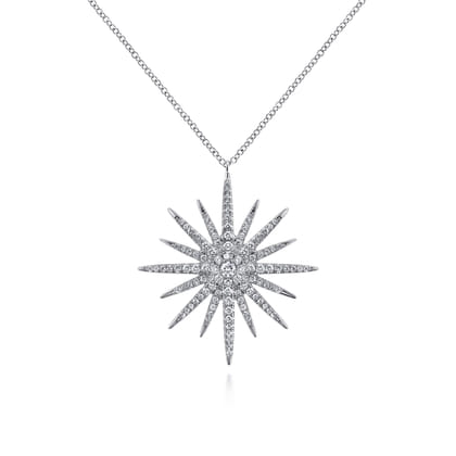 25 inch 14K White Gold Diamond Pave Starburst Pendant Necklace