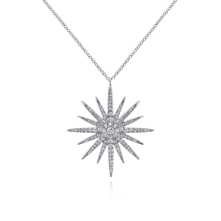 25 inch 14K White Gold Diamond Pave Starburst Pendant Necklace - 0.8 ct - Shot 1