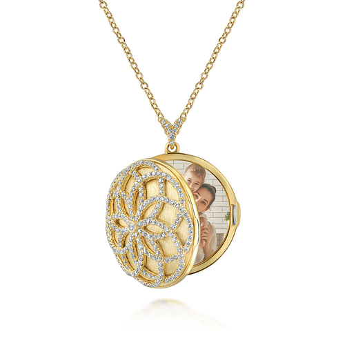 25 inch 14K Yellow Gold Locket Necklace with Floral Diamond Overlay - 1.05 ct - Shot 2