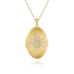 25 inch 14K Yellow Gold Oval Locket Necklace with Diamond Starburst Overlay