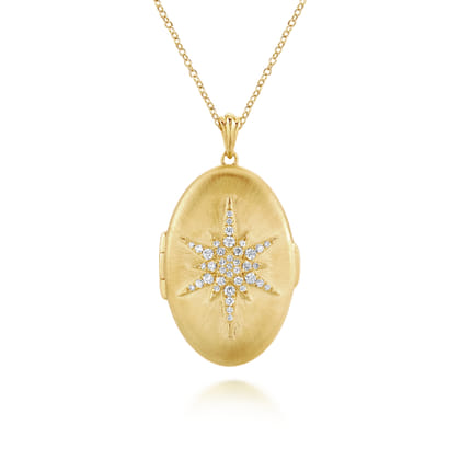 25 inch 14K Yellow Gold Oval Locket Necklace with Diamond Starburst Overlay