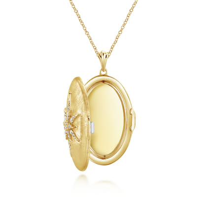 25 inch 14K Yellow Gold Oval Locket Necklace with Diamond Starburst Overlay