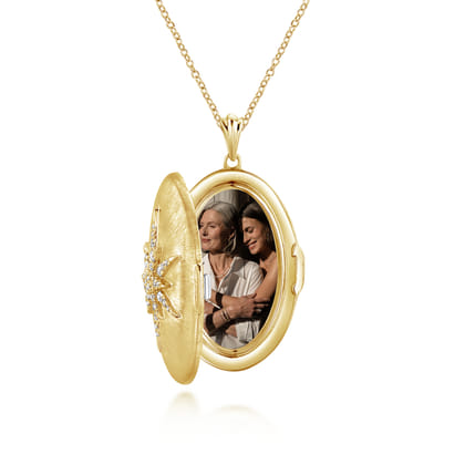 25 inch 14K Yellow Gold Oval Locket Necklace with Diamond Starburst Overlay