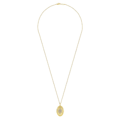 25 inch 14K Yellow Gold Oval Locket Necklace with Diamond Starburst Overlay