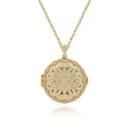 25 inch 14K Yellow Gold Round Filigree and Diamond Locket Necklace
