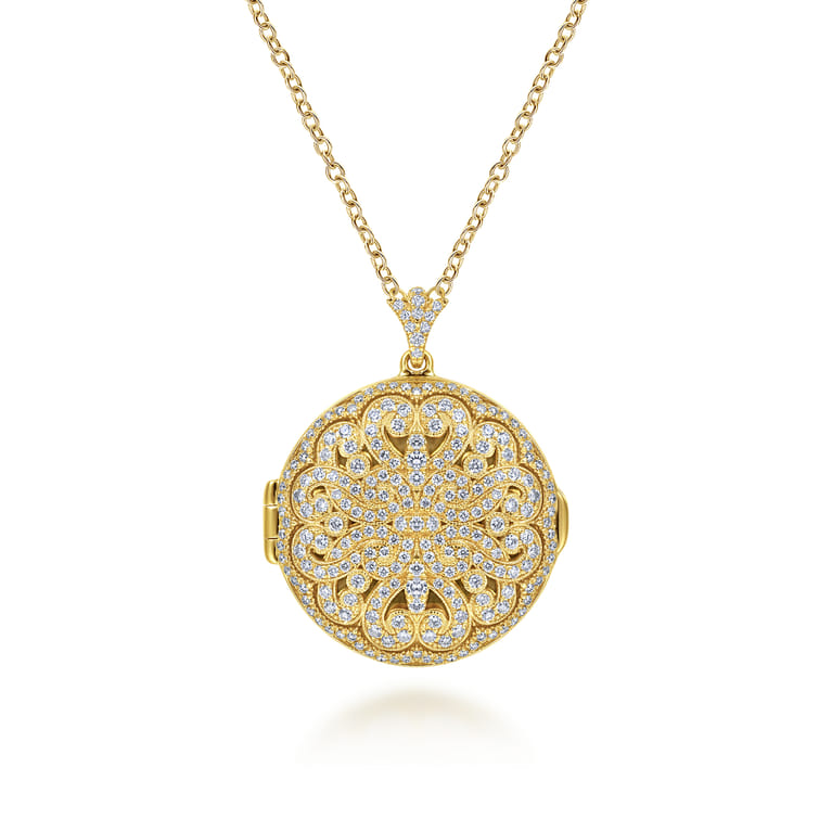 25 inch 14K Yellow Gold Round Filigree and Diamond Locket Necklace - 1.05 ct - Shot 1