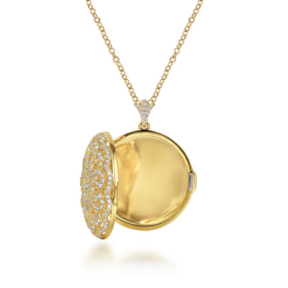 25 inch 14K Yellow Gold Round Filigree and Diamond Locket Necklace