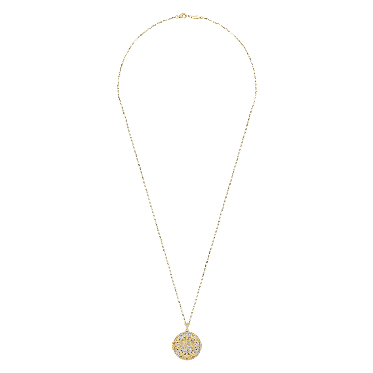 25 inch 14K Yellow Gold Round Filigree and Diamond Locket Necklace