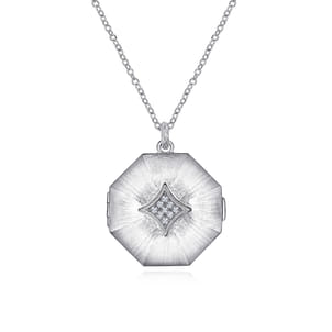 25 inch 925 Sterling Silver Octagonal Locket Necklace with White Sapphire
