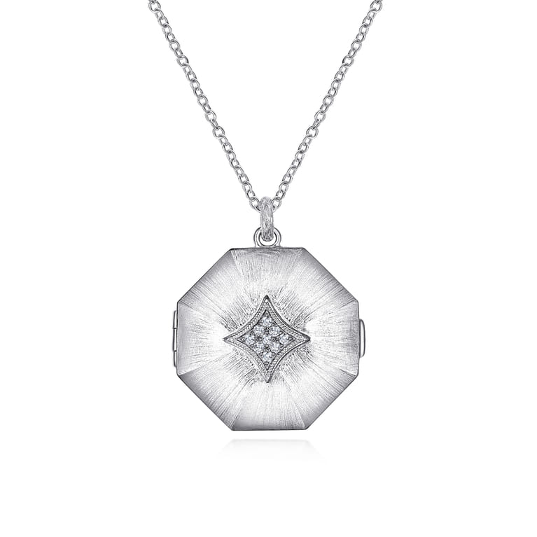 25 inch 925 Sterling Silver Octagonal Locket Necklace with White Sapphire - Shot 1