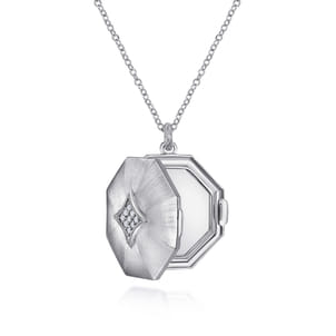 25 inch 925 Sterling Silver Octagonal Locket Necklace with White Sapphire