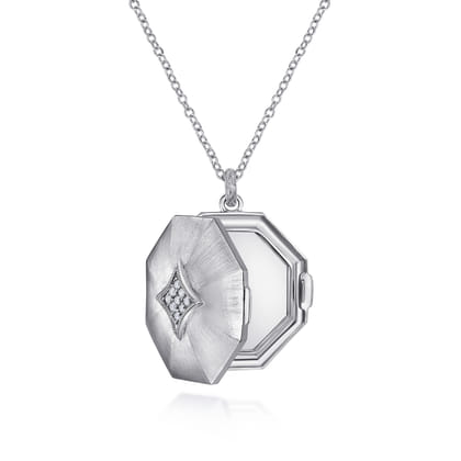 25 inch 925 Sterling Silver Octagonal Locket Necklace with White Sapphire