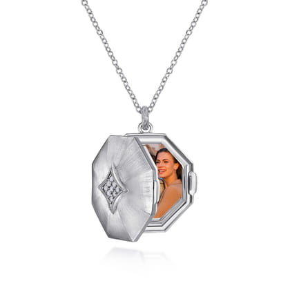 25 inch 925 Sterling Silver Octagonal Locket Necklace with White Sapphire