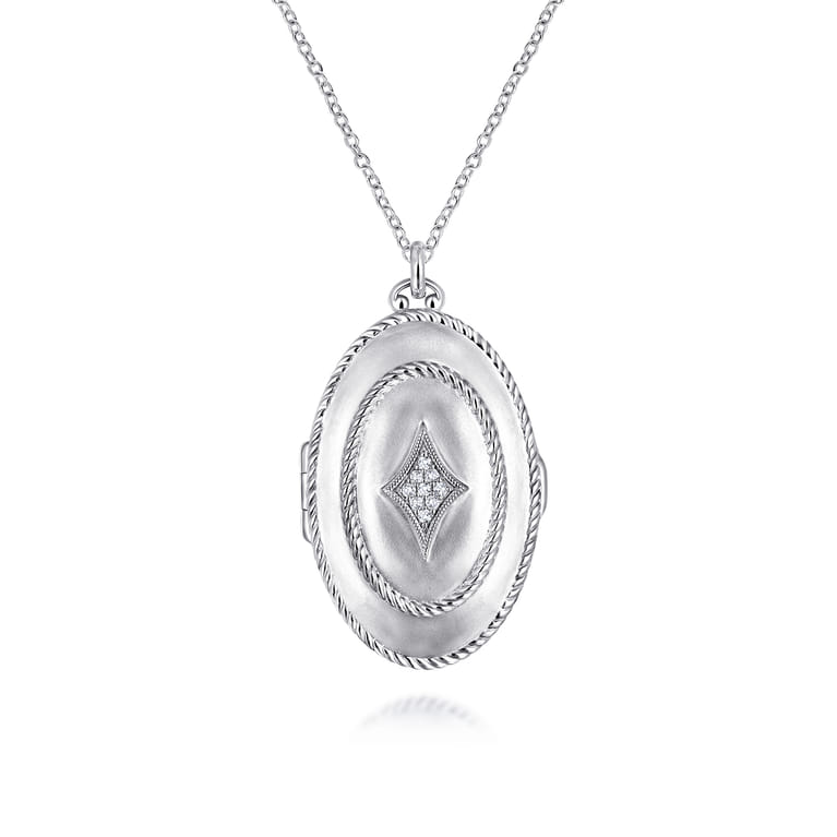 25 inch 925 Sterling Silver Oval Locket Necklace with White Sapphire - Shot 1