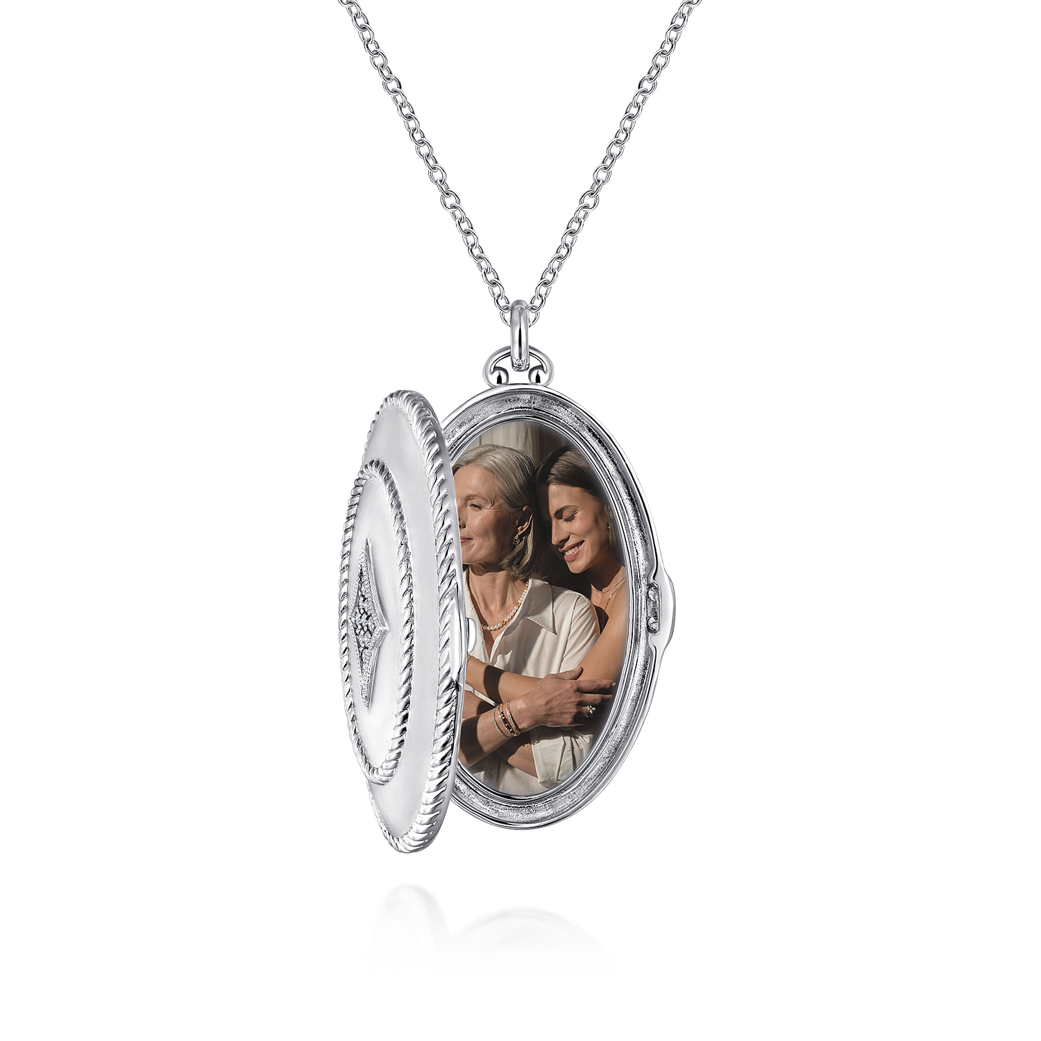 25 inch 925 Sterling Silver Oval Locket Necklace with White Sapphire - Shot 3