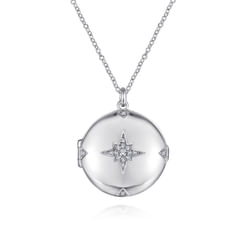 25 inch 925 Sterling Silver Round White Sapphire Starburst Locket Necklace