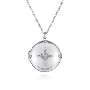 25 inch 925 Sterling Silver Round White Sapphire Starburst Locket Necklace