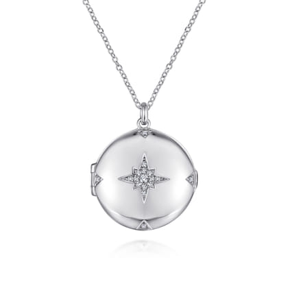 25 inch 925 Sterling Silver Round White Sapphire Starburst Locket Necklace