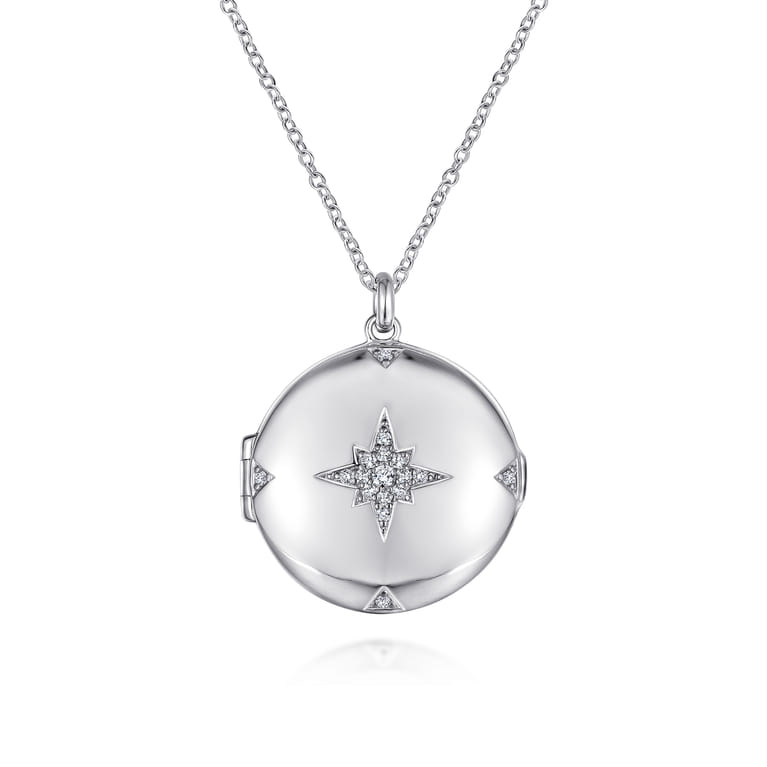 25 inch 925 Sterling Silver Round White Sapphire Starburst Locket Necklace - Shot 1