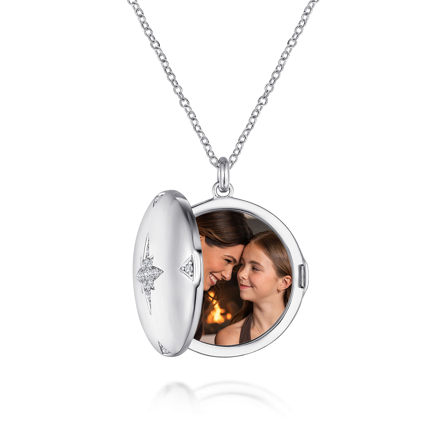 25 inch 925 Sterling Silver Round White Sapphire Starburst Locket Necklace