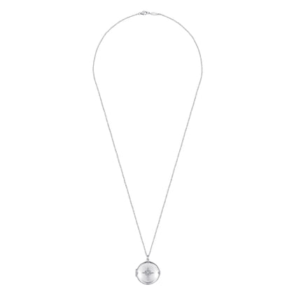 25 inch 925 Sterling Silver Round White Sapphire Starburst Locket Necklace