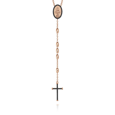 27 Inch 14K Rose Gold Black Diamond Cross Rosary Solid Men's Link Chain Necklace