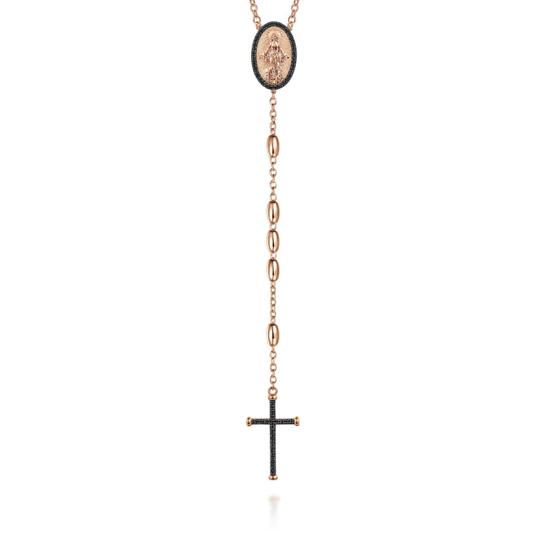 27 Inch 14K Rose Gold Black Diamond Cross Rosary Solid Men's Link Chain Necklace - 0.38 ct - Shot 1