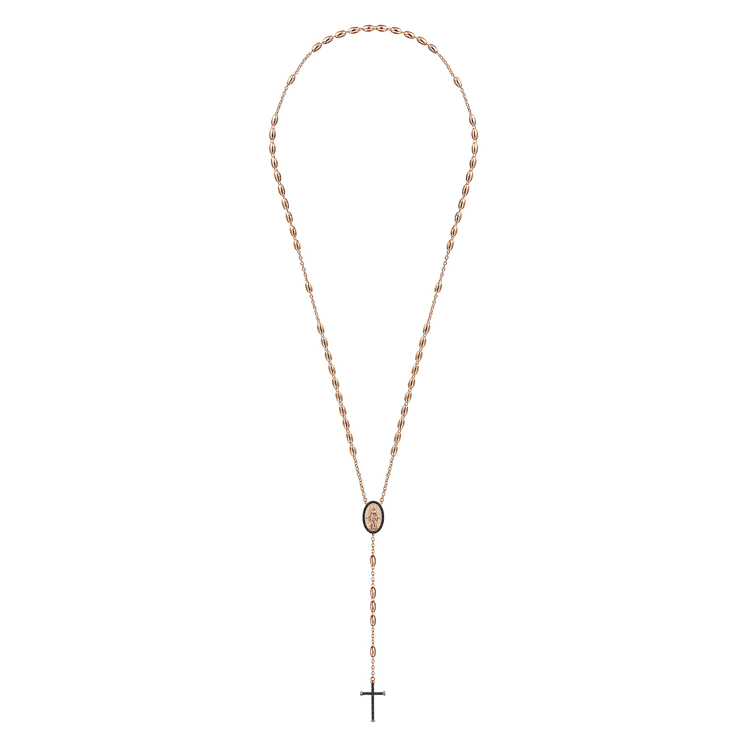 27 Inch 14K Rose Gold Black Diamond Cross Rosary Solid Men's