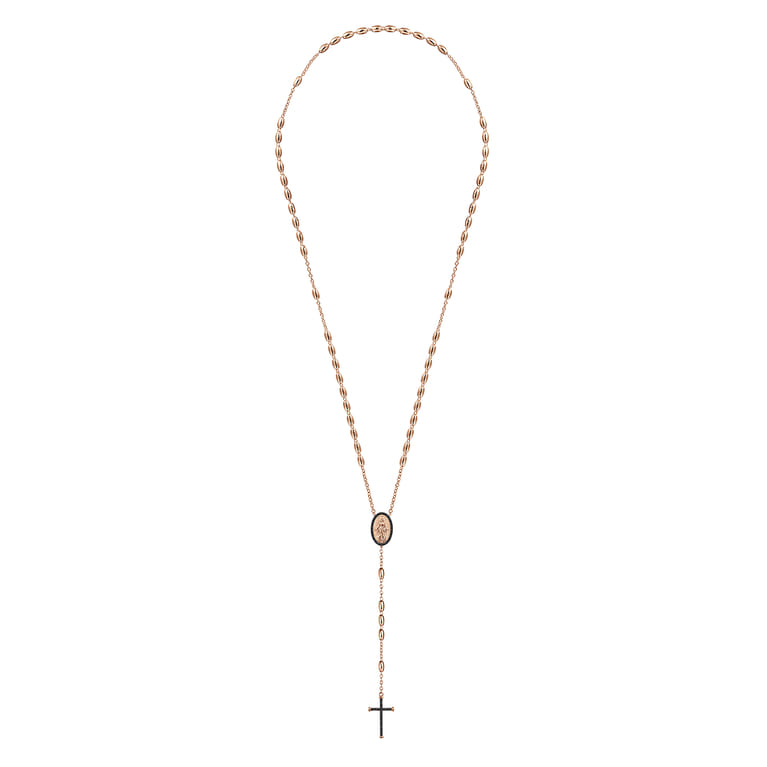 27 Inch 14K Rose Gold Black Diamond Cross Rosary Solid Men's Link Chain Necklace - 0.38 ct - Shot 2