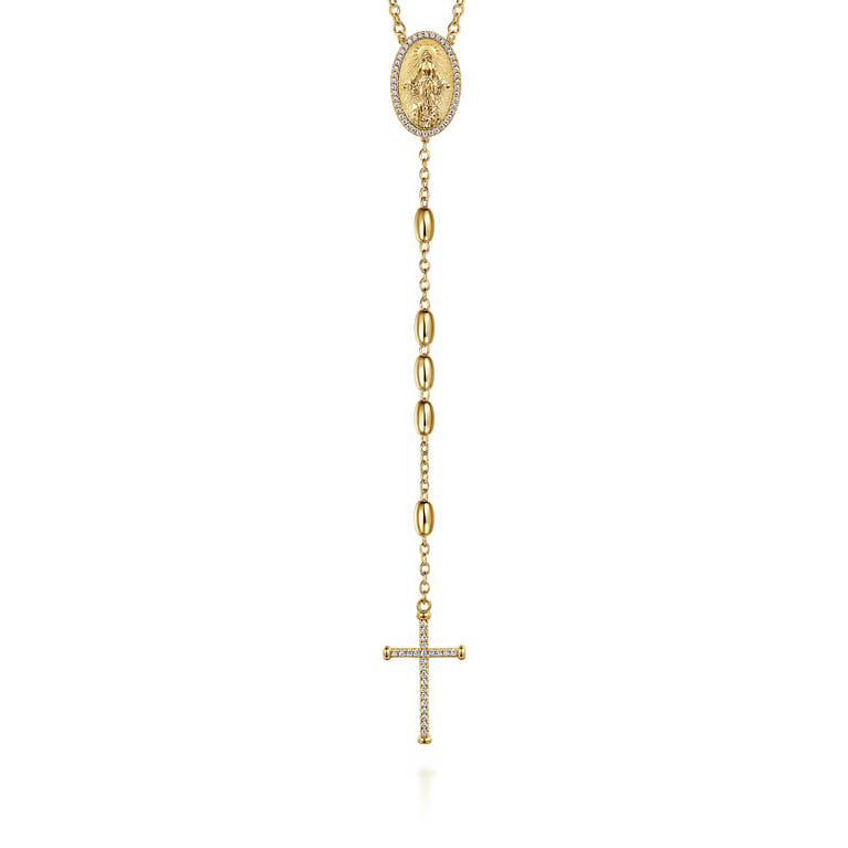 27 Inch 14K Yellow Gold Diamond Cross Rosary Solid Men's Link Chain Necklace - 0.37 ct - Shot 1