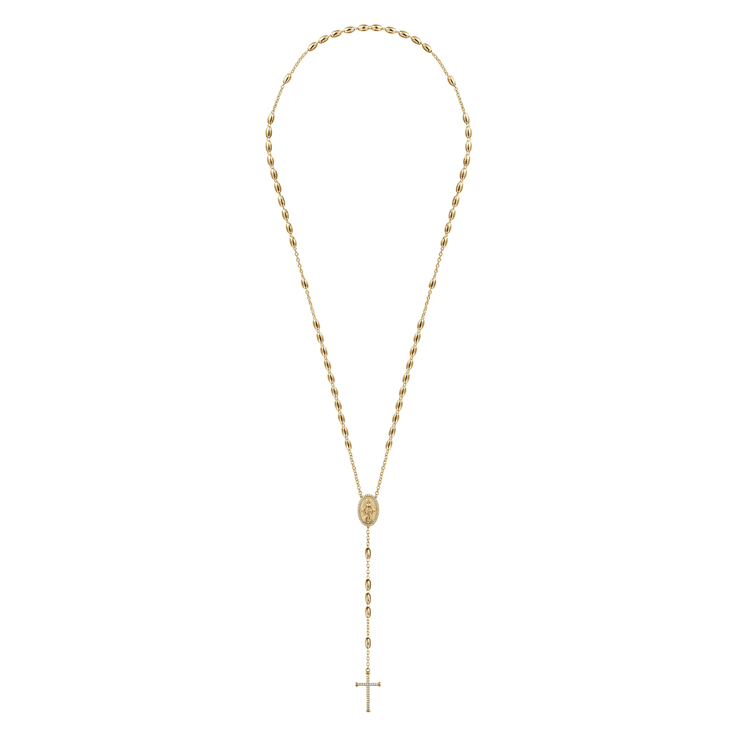 27 Inch 14K Yellow Gold Diamond Cross Rosary Solid Men's Link Chain Necklace