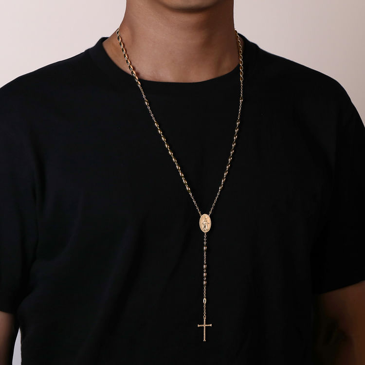 27 Inch 14K Yellow Gold Diamond Cross Rosary Solid Men's Link Chain Necklace