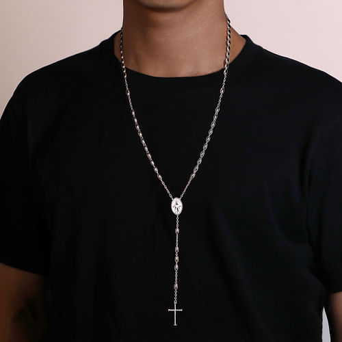 27 Inch 925 Sterling Silver Men's Cross Rosary Necklace - Shot 3