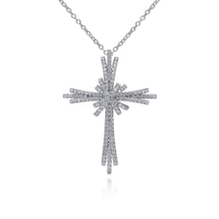 28 inch 14K White Gold Multi Row Diamond Pave Cross Pendant Necklace