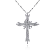 28 inch 14K White Gold Multi Row Diamond Pave Cross Pendant Necklace