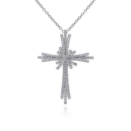 28 inch 14K White Gold Multi Row Diamond Pave Cross Pendant Necklace