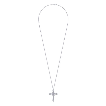 28 inch 14K White Gold Multi Row Diamond Pave Cross Pendant Necklace
