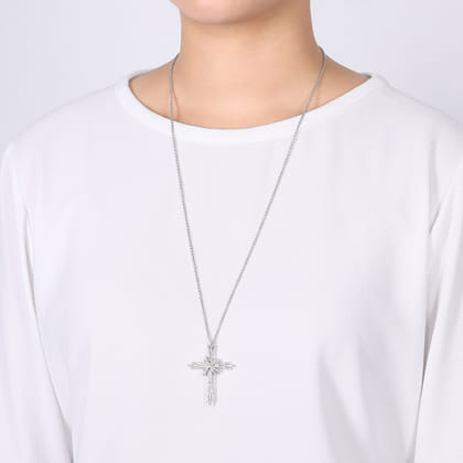 28 inch 14K White Gold Multi Row Diamond Pave Cross Pendant Necklace