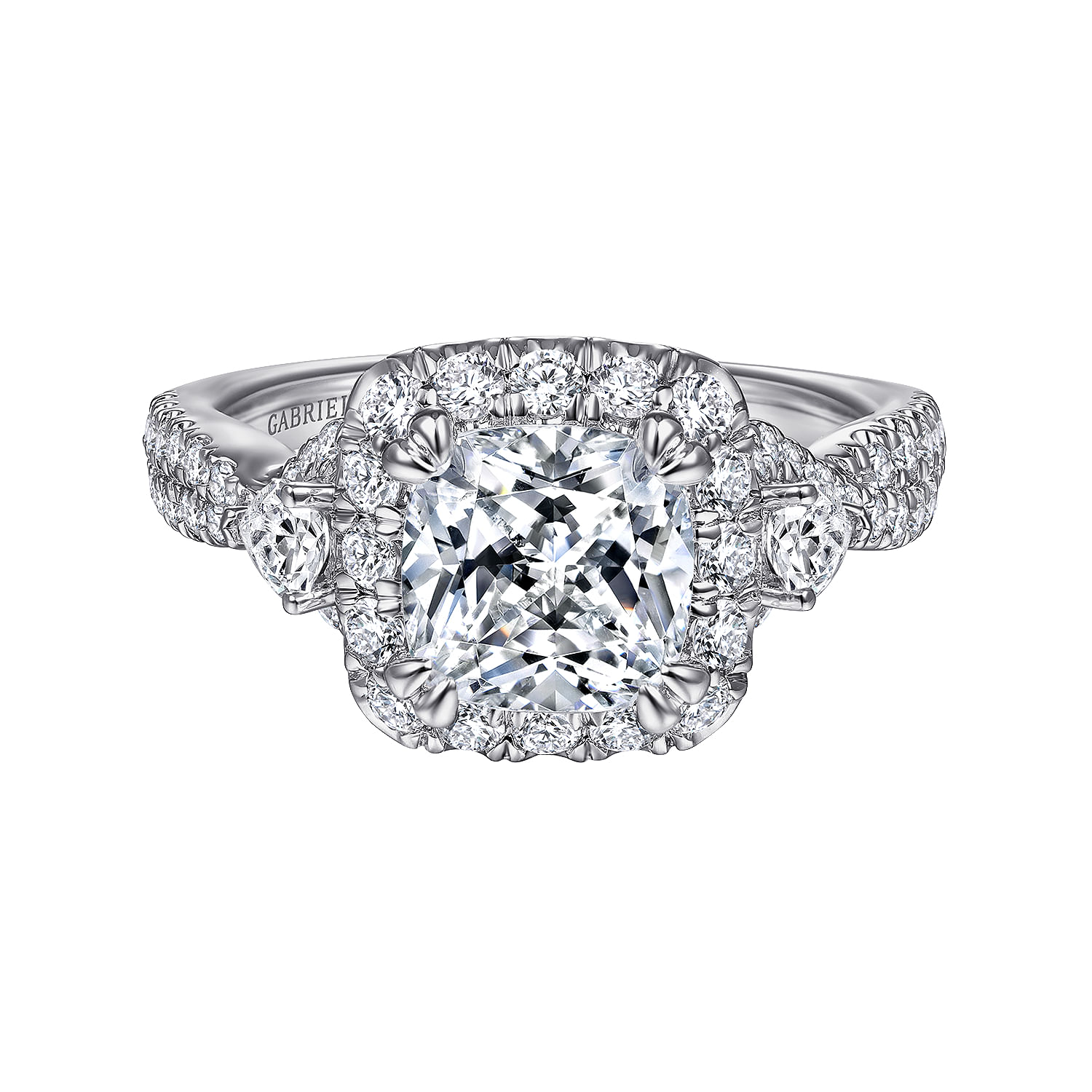 Draymond - Art Deco 14K White Gold Cushion Three Stone Halo Diamond Engagement Ring - 1.03 ct - Shot 1