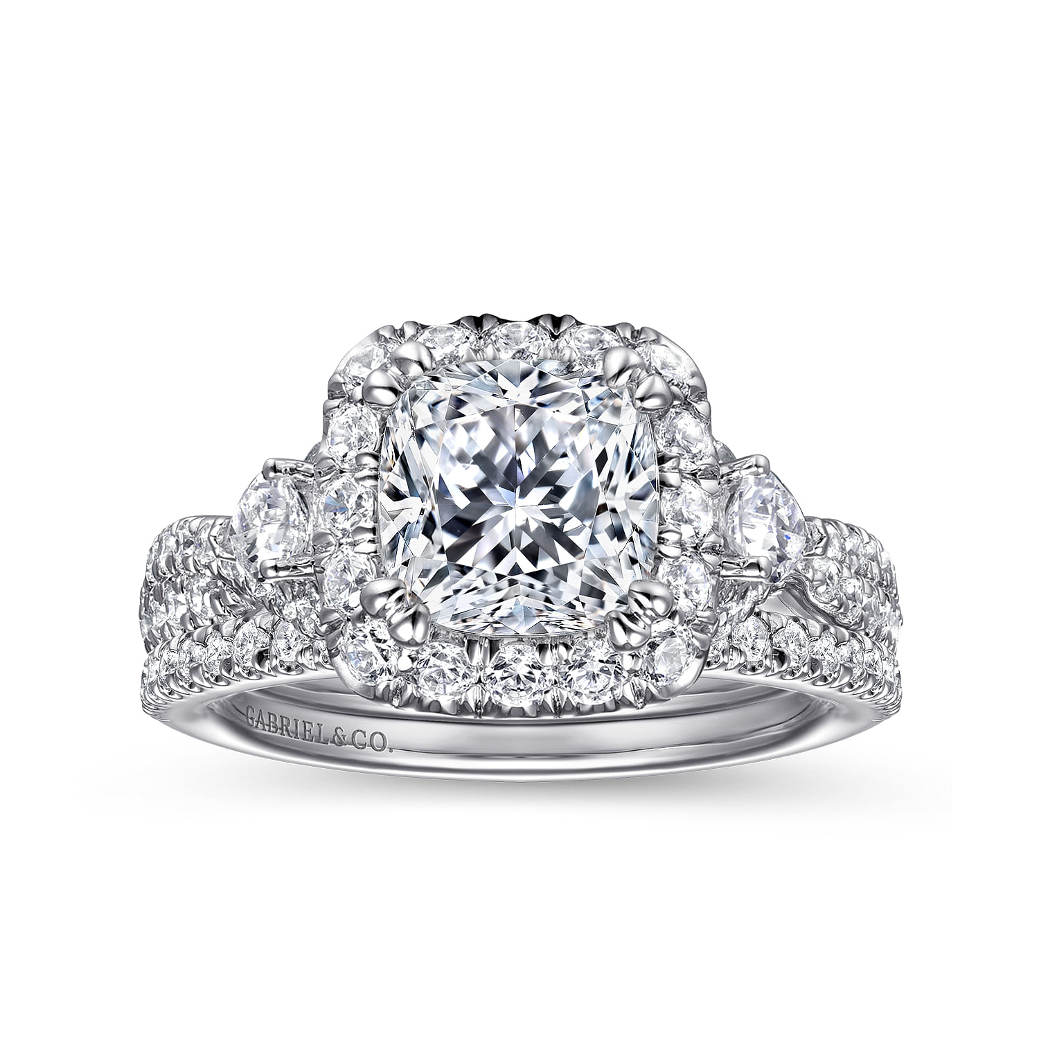 Draymond - Art Deco 14K White Gold Cushion Three Stone Halo Diamond Engagement Ring - 1.03 ct - Shot 4