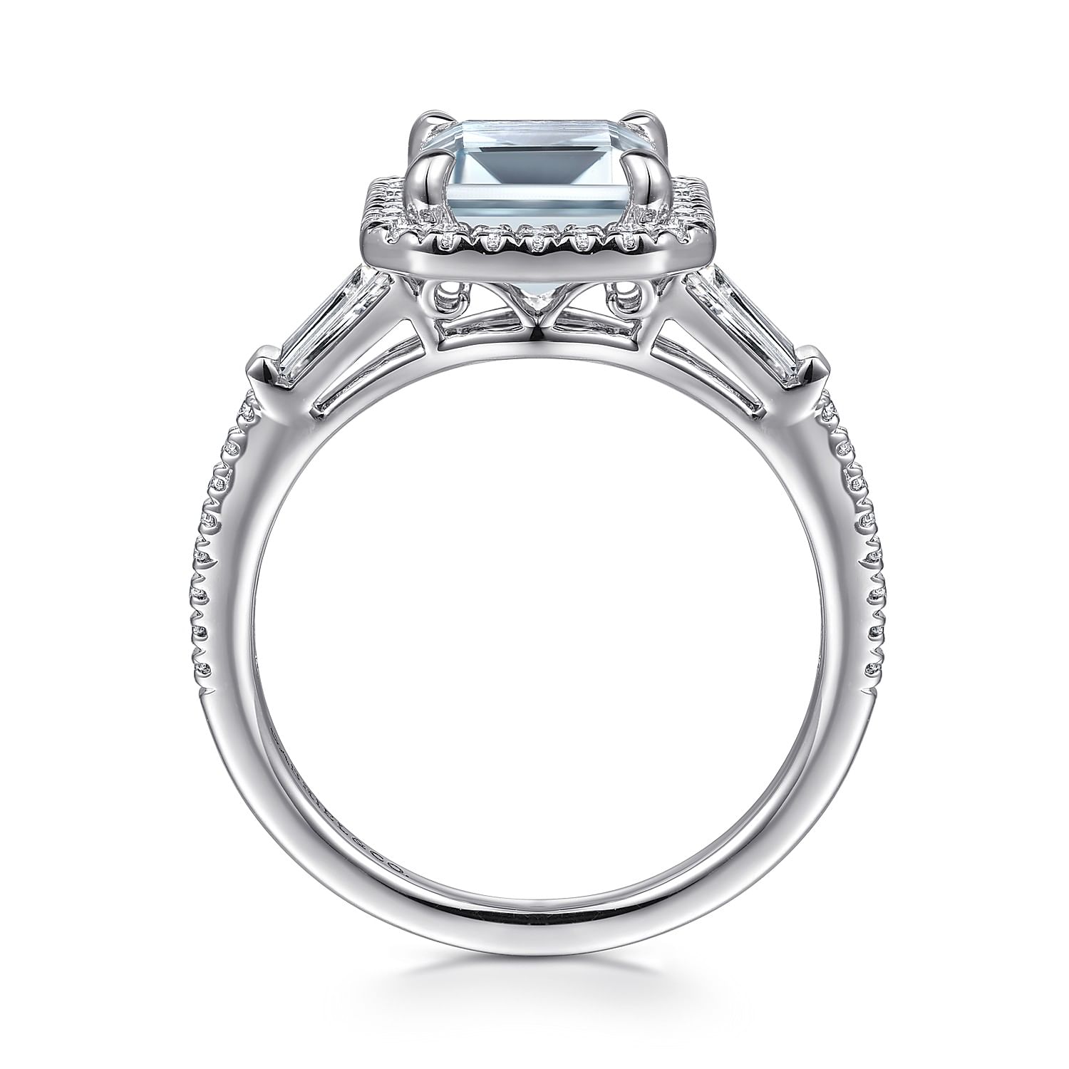 Skylah - 14K White Gold Emerald Three Stone Halo Aquamarine and Diamond Channel Set Engagement Ring - 0.23 ct - Shot 2