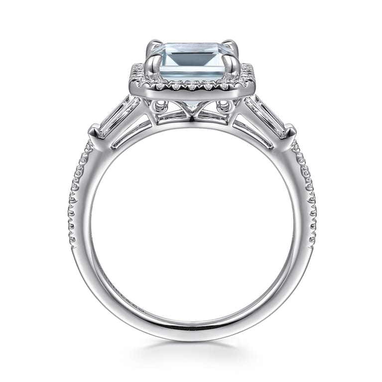 Skylah - 14K White Gold Emerald Cut Three Stone Halo Aquamarine and Diamond Engagement Ring - 0.23 ct - Shot 2