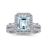 Skylah - 14K White Gold Emerald Three Stone Halo Aquamarine and Diamond Channel Set Engagement Ring - 0.23 ct